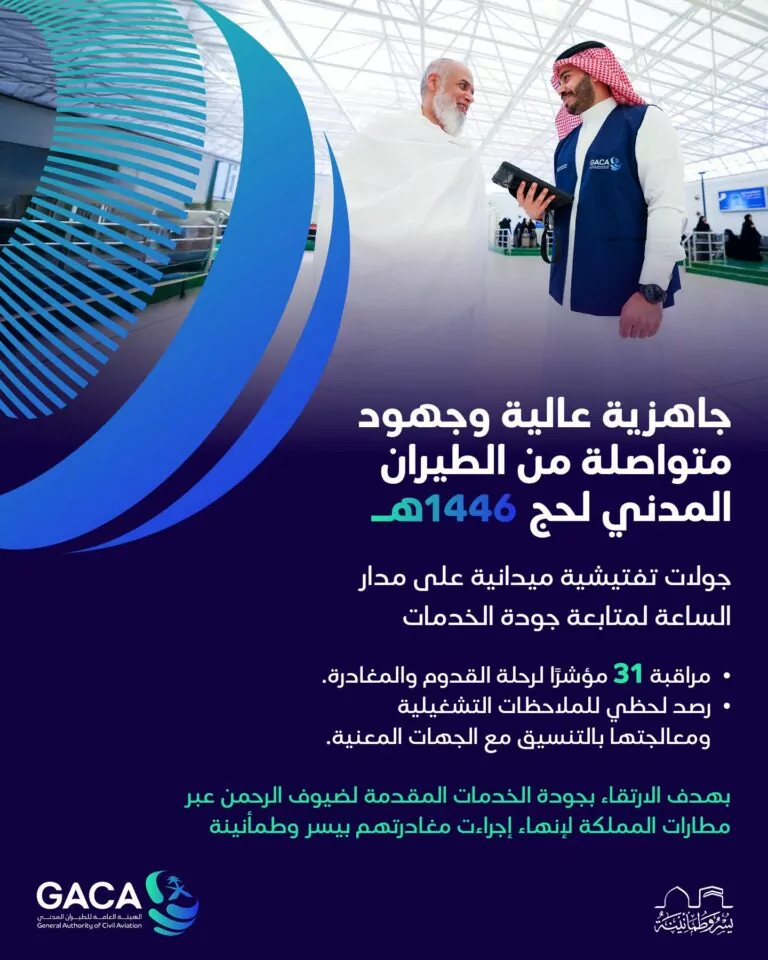 بالتزامن-مع-مغادرتهم-بعد-أدائهم-مناسك-الحج.-“الطيران-المدني”-تُخصص-فرقًا-لمراقبة-جودة-الخدمات-المقدمة-لضيوف-الرحمن-بالمطارات