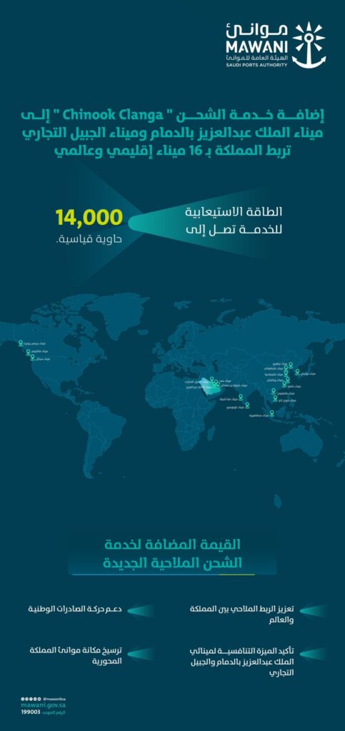 إضافة-خدمة-الشحن-“chinook-clanga”-إلى-ميناءي-الملك-عبدالعزيز-بالدمام-والجبيل-التجاري