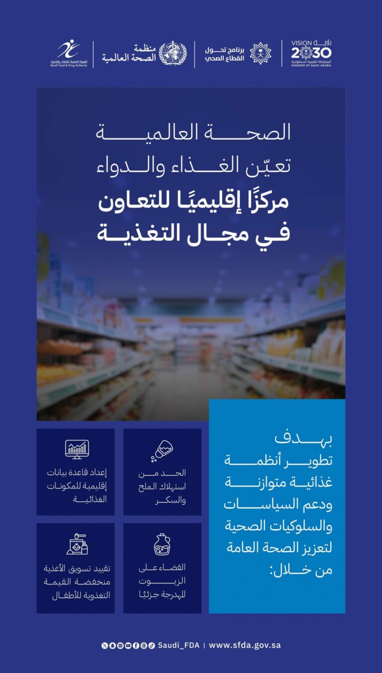 تعيين-“الغذاء-والدواء”-مركزًا-إقليميًا-للتعاون-في-مجال-التغذية-لدى-منظمة-الصحة-العالمية
