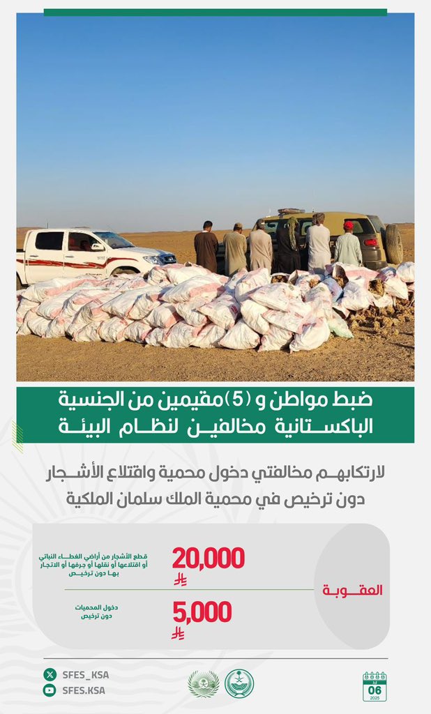 القبض-على-6-مخالفين-للأنظمة-البيئية-لدخول-إحدى-المحميات-واقتلاع-الأشجار-دون-ترخيص