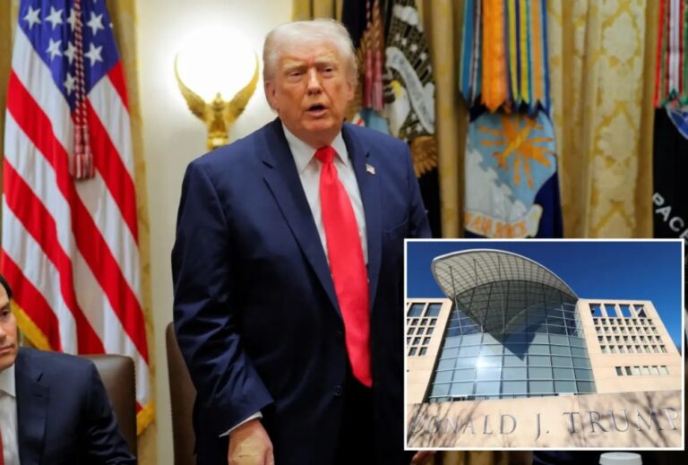 أعظم-مفاوض.-اسم-دونالد-ترامب-على-واجهة-مبنى-المعهد-الأمريكي-للسلام