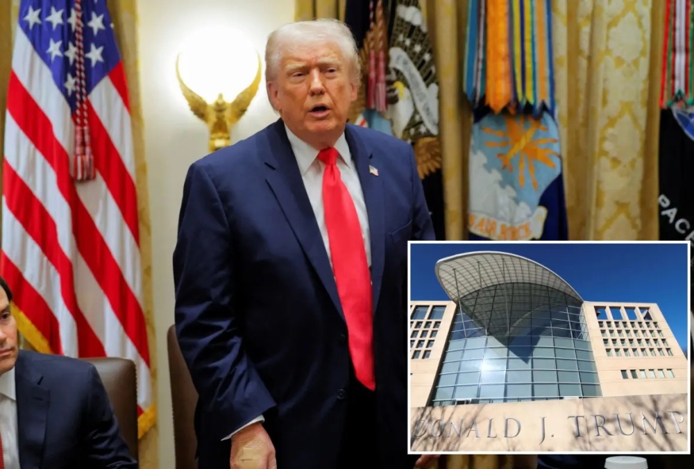 أعظم-مفاوض.-اسم-دونالد-ترامب-على-واجهة-مبنى-المعهد-الأمريكي-للسلام