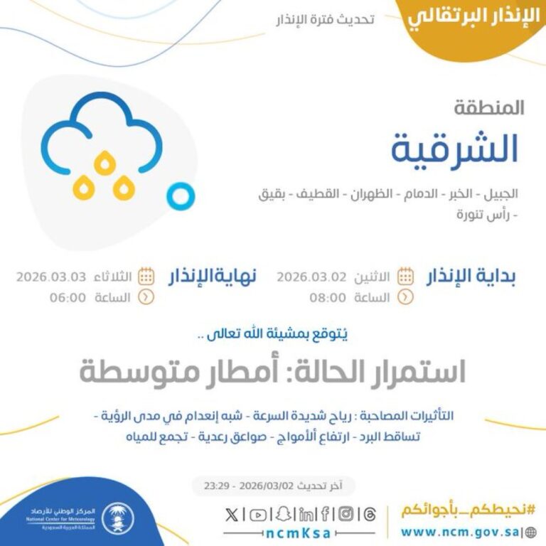 عاجل-“الأرصاد”-ينبه-من-أمطار-على-الشرقية-اليوم-الثلاثاء.-الموعد-والأماكن