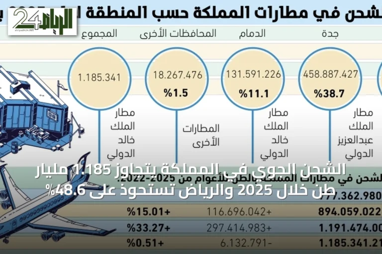 الشحن الجوي في المملكة يتجاوز 1.185 مليار طن خلال 2025 والرياض تستحوذ على 48.6%