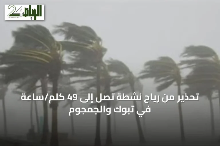 تحذير من رياح نشطة تصل إلى 49 كلم/ساعة في تبوك والجمجوم