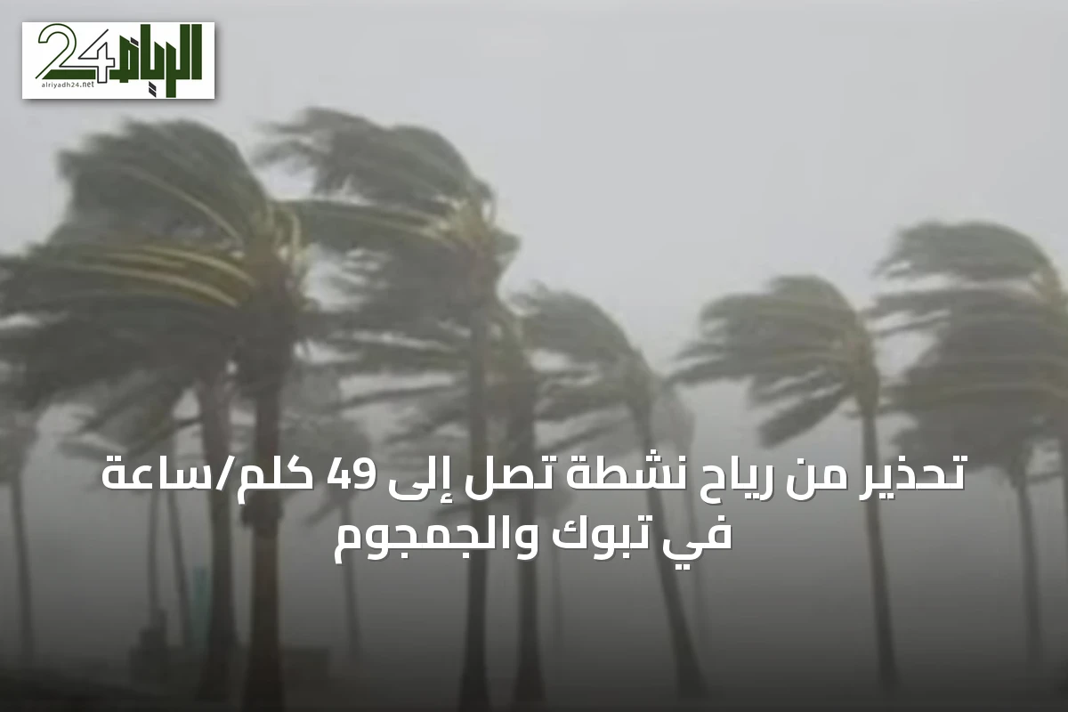تحذير من رياح نشطة تصل إلى 49 كلم/ساعة في تبوك والجمجوم