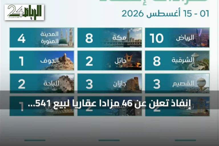 إنفاذ تعلن عن 46 مزادًا عقاريًا لبيع 541 أصلًا خلال أول نصف أغسطس 2026