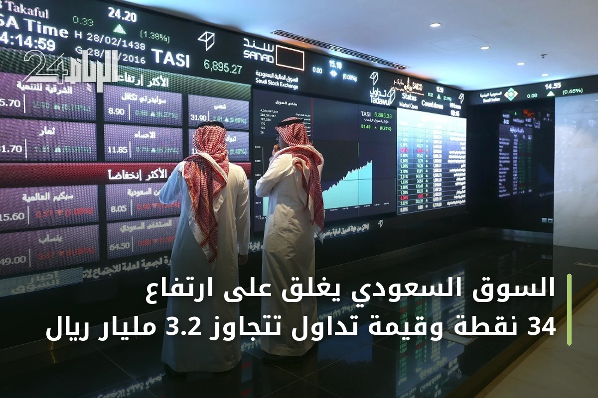 السوق السعودي يغلق على ارتفاع 34 نقطة وقيمة تداول تتجاوز 3.2 مليار ريال